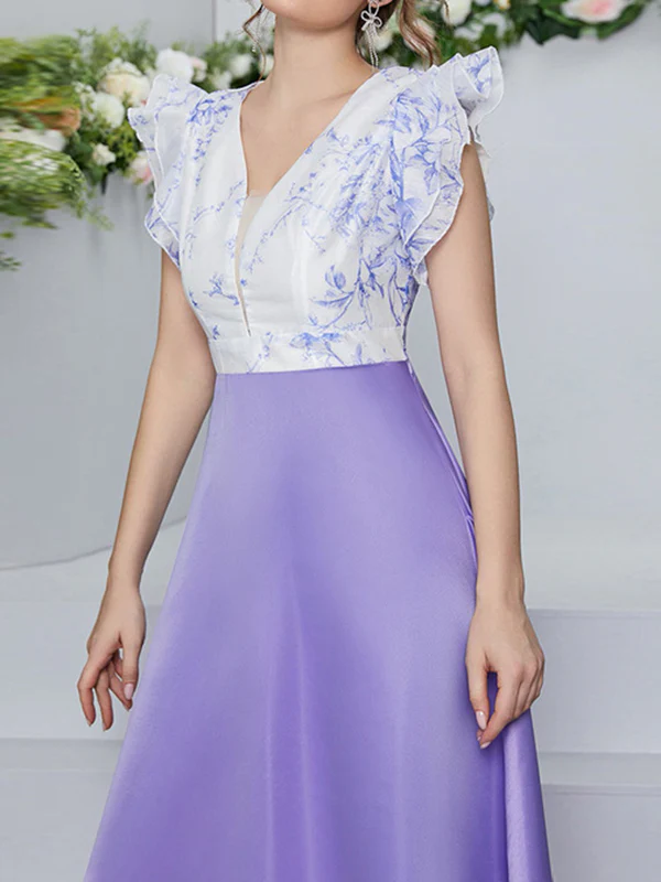 High Waisted Petal Sleeves Printed Split-Joint Deep V-Neck Maxi Dresses - Image 6