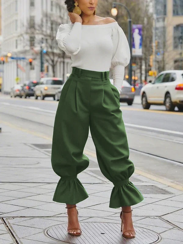High Waisted Pleated Pockets Ruffle Trim Solid Color Pants - Image 2
