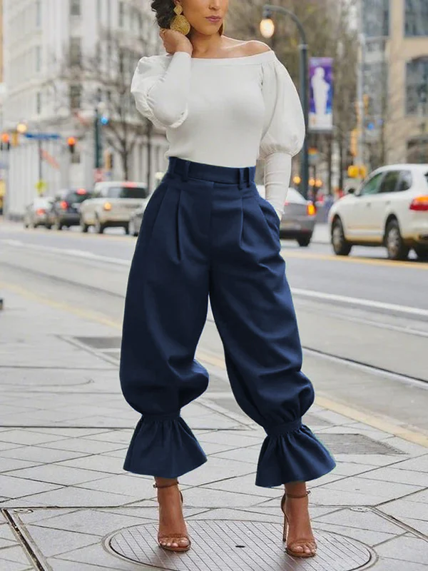 High Waisted Pleated Pockets Ruffle Trim Solid Color Pants - Image 3
