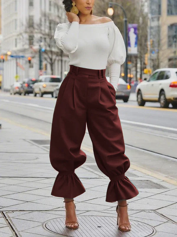 High Waisted Pleated Pockets Ruffle Trim Solid Color Pants - Image 4
