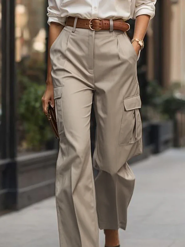 High Waisted Pleated Pockets Solid Color Pants Trousers - Image 2