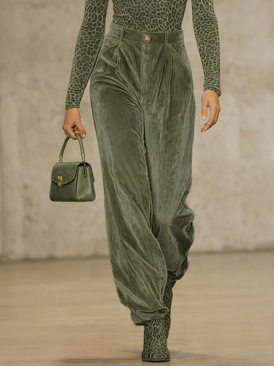 High Waisted Pleated Pockets Solid Color Velvet Pants Trousers - Image 2