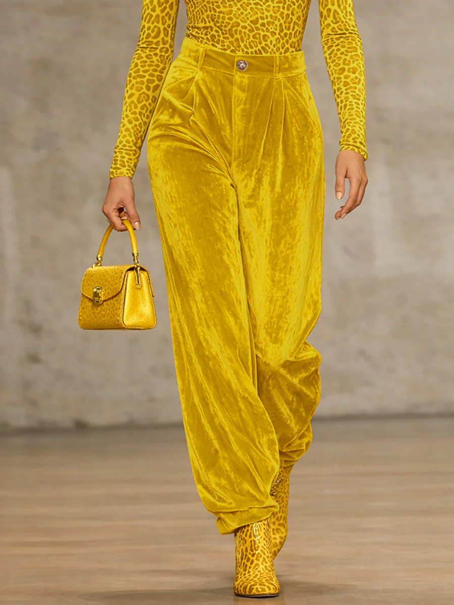 High Waisted Pleated Pockets Solid Color Velvet Pants Trousers - Image 3