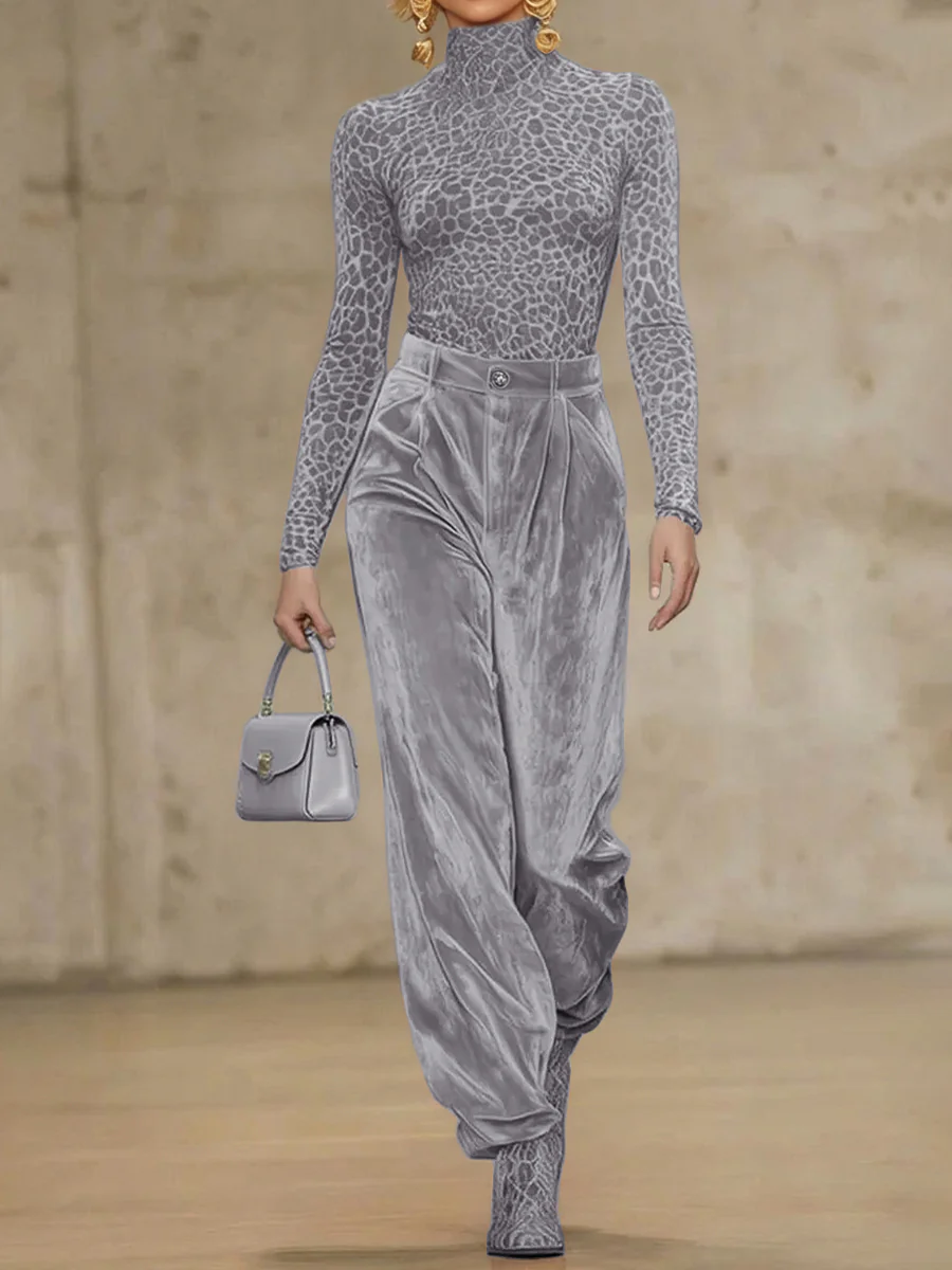 High Waisted Pleated Pockets Solid Color Velvet Pants Trousers - Image 4