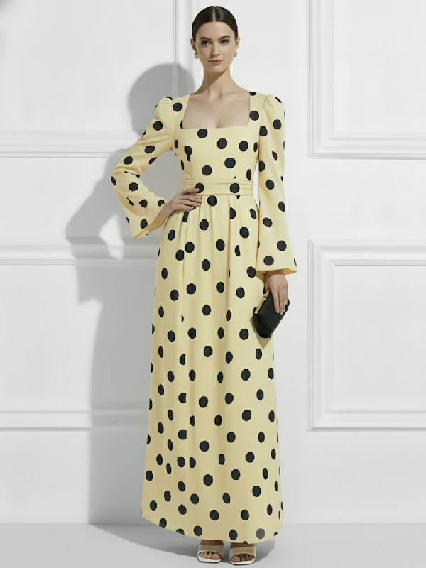 High Waisted Polka Dot Square-Neck Maxi Evening Dresses - Image 2