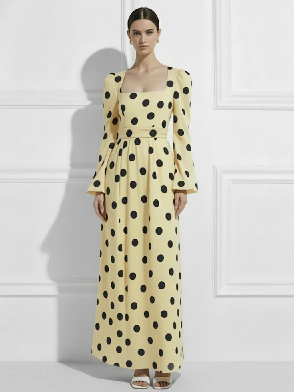 High Waisted Polka Dot Square-Neck Maxi Evening Dresses - Image 3