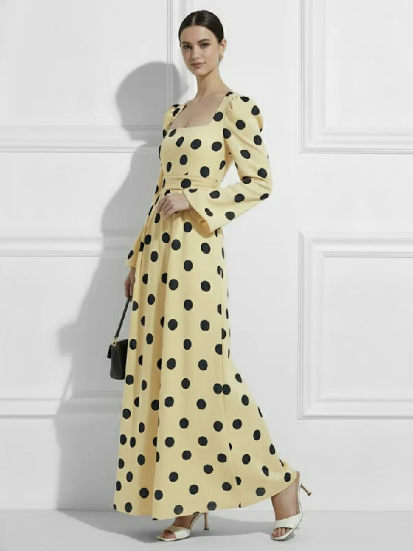 High Waisted Polka Dot Square-Neck Maxi Evening Dresses - Image 4