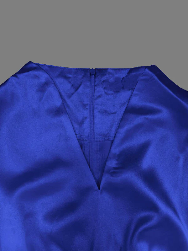 High Waisted Puff Sleeves Falbala Solid Color V-Neck Maxi Dresses - Image 10
