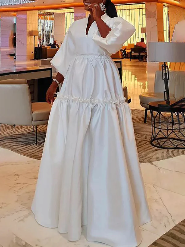 High Waisted Puff Sleeves Falbala Solid Color V-Neck Maxi Dresses - Image 3