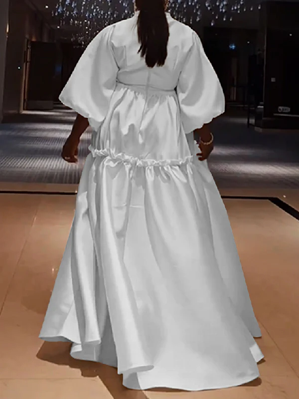 High Waisted Puff Sleeves Falbala Solid Color V-Neck Maxi Dresses - Image 4