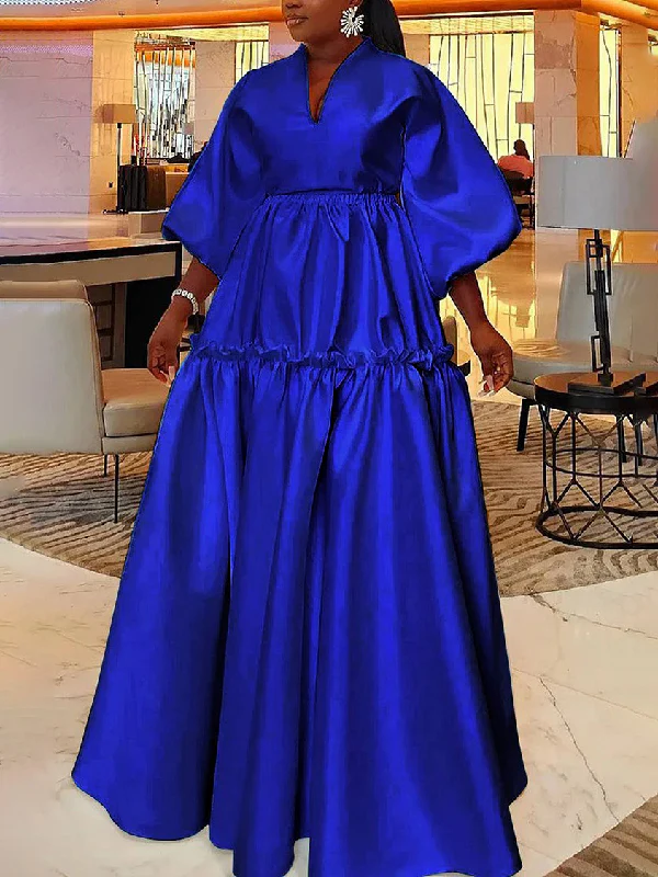 High Waisted Puff Sleeves Falbala Solid Color V-Neck Maxi Dresses - Image 5