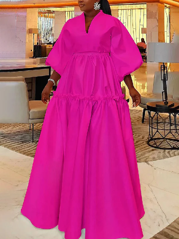 High Waisted Puff Sleeves Falbala Solid Color V-Neck Maxi Dresses - Image 6