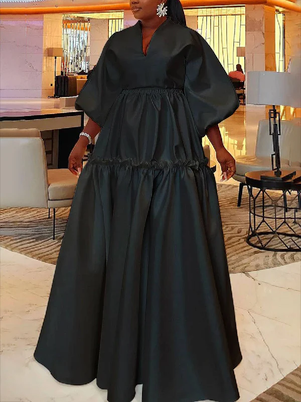 High Waisted Puff Sleeves Falbala Solid Color V-Neck Maxi Dresses - Image 7