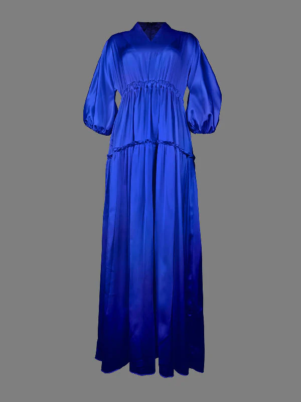 High Waisted Puff Sleeves Falbala Solid Color V-Neck Maxi Dresses - Image 8