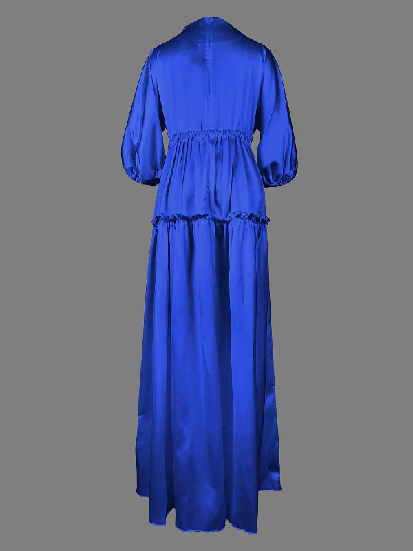 High Waisted Puff Sleeves Falbala Solid Color V-Neck Maxi Dresses - Image 9