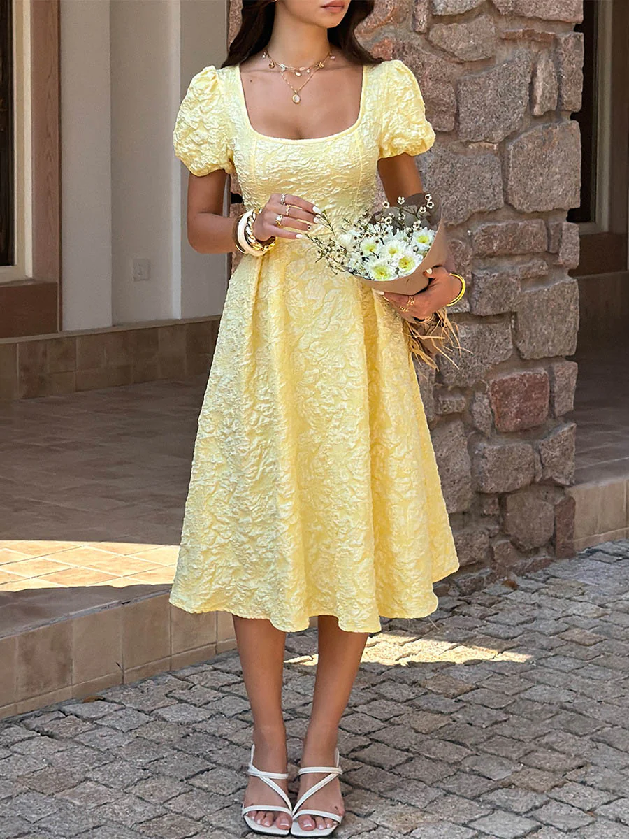 High Waisted Puff Sleeves Jacquard Pleated Solid Color Split-Joint Square-Neck Midi Dresses - Image 2