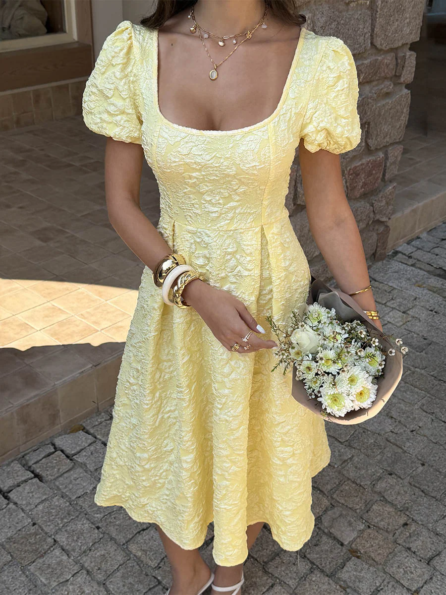 High Waisted Puff Sleeves Jacquard Pleated Solid Color Split-Joint Square-Neck Midi Dresses - Image 4