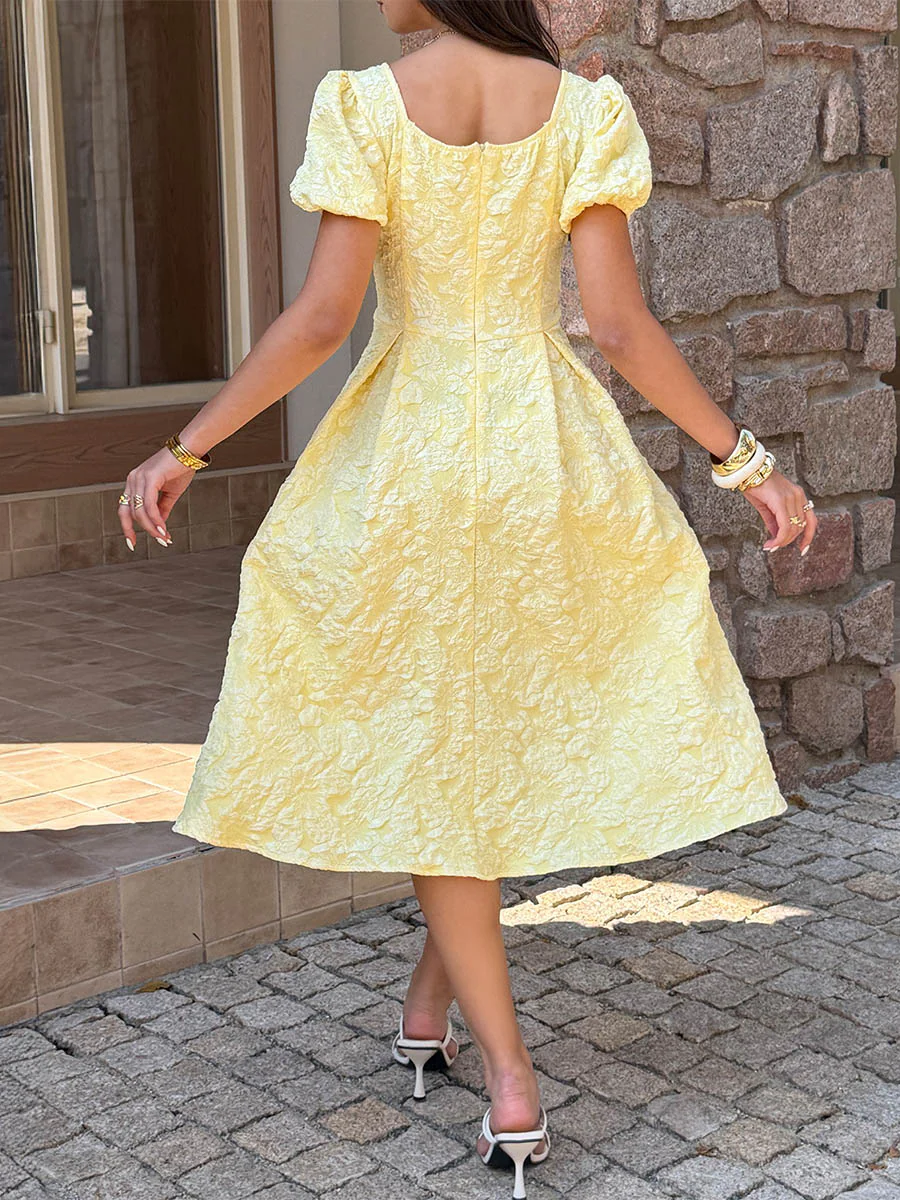 High Waisted Puff Sleeves Jacquard Pleated Solid Color Split-Joint Square-Neck Midi Dresses - Image 5