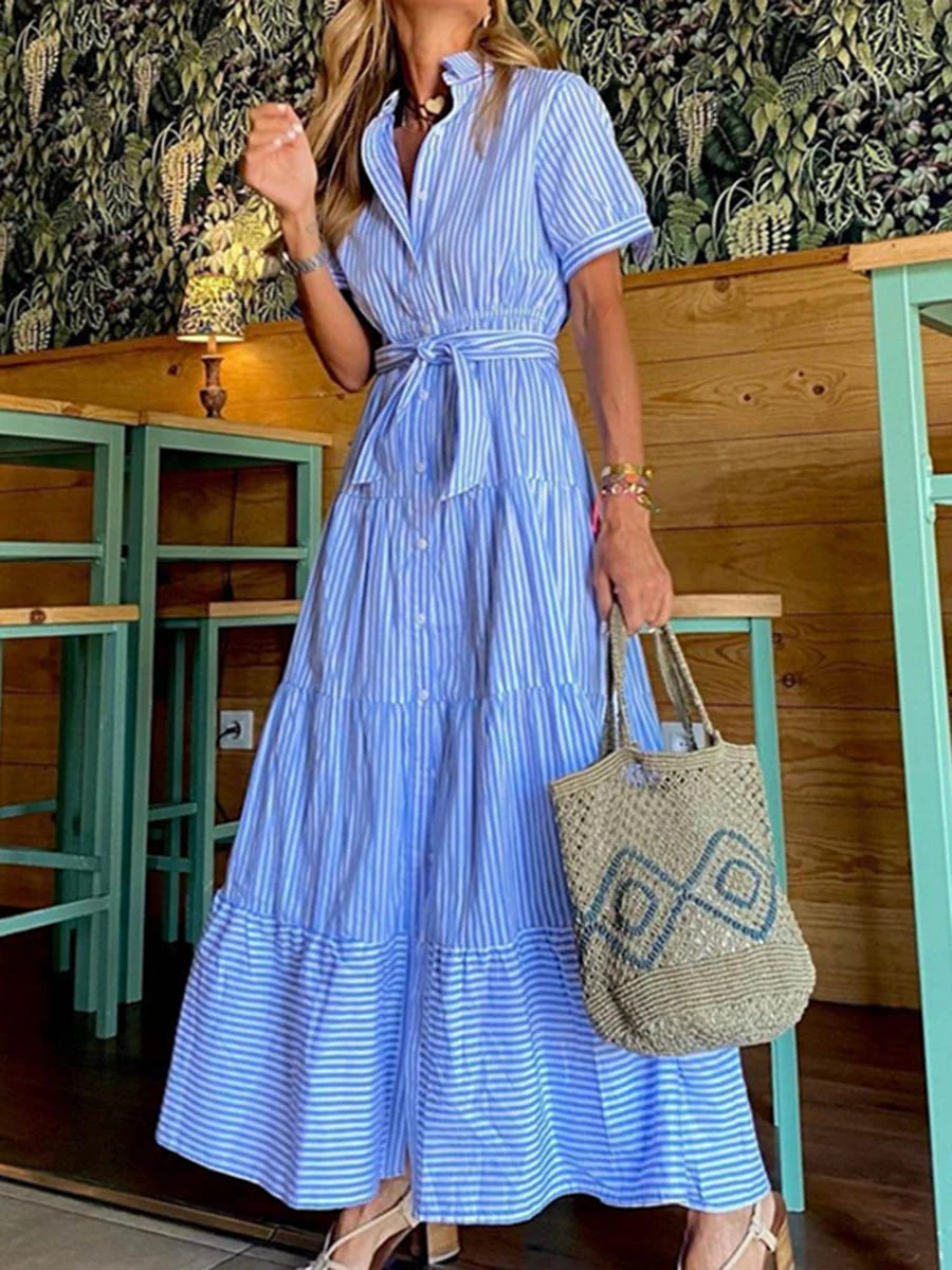 High Waisted Short Sleeves Buttoned Pleated Striped Tied Waist Lapel Maxi Dresses Shirt Dress - Image 2