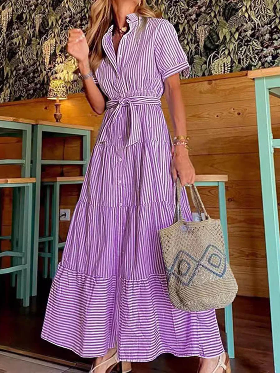 High Waisted Short Sleeves Buttoned Pleated Striped Tied Waist Lapel Maxi Dresses Shirt Dress - Image 3