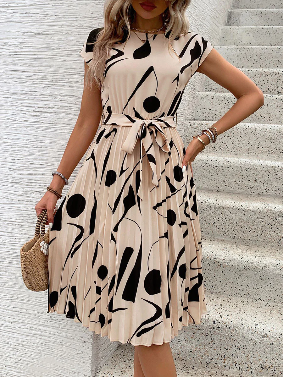 High Waisted Sleeveless Abstract Printed Contrast Color Pleated Polka-Dot Split-Joint Tied Waist Round-Neck Midi Dresses - Image 14