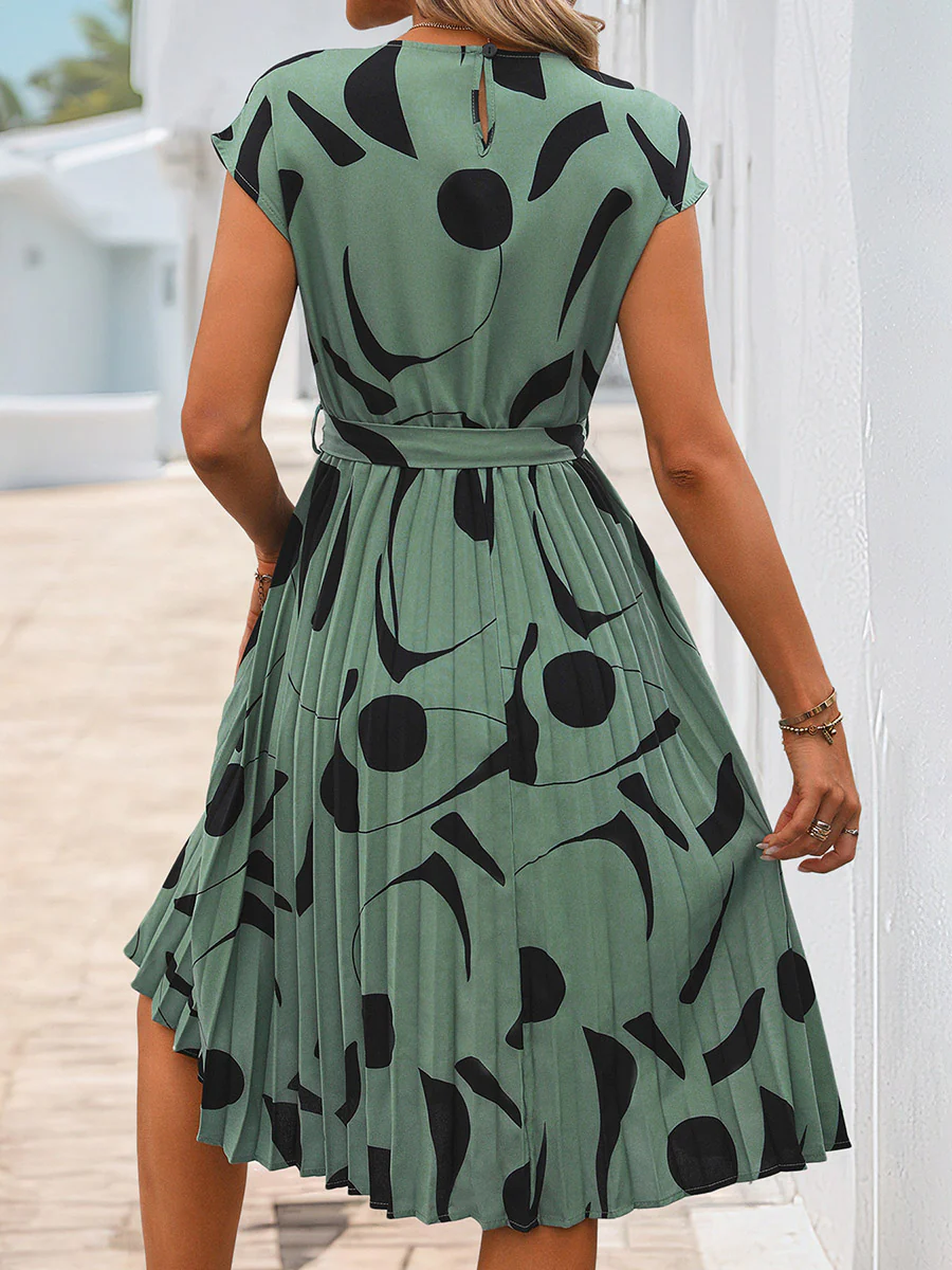 High Waisted Sleeveless Abstract Printed Contrast Color Pleated Polka-Dot Split-Joint Tied Waist Round-Neck Midi Dresses - Image 5