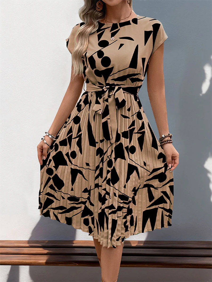 High Waisted Sleeveless Abstract Printed Contrast Color Pleated Polka-Dot Split-Joint Tied Waist Round-Neck Midi Dresses - Image 8