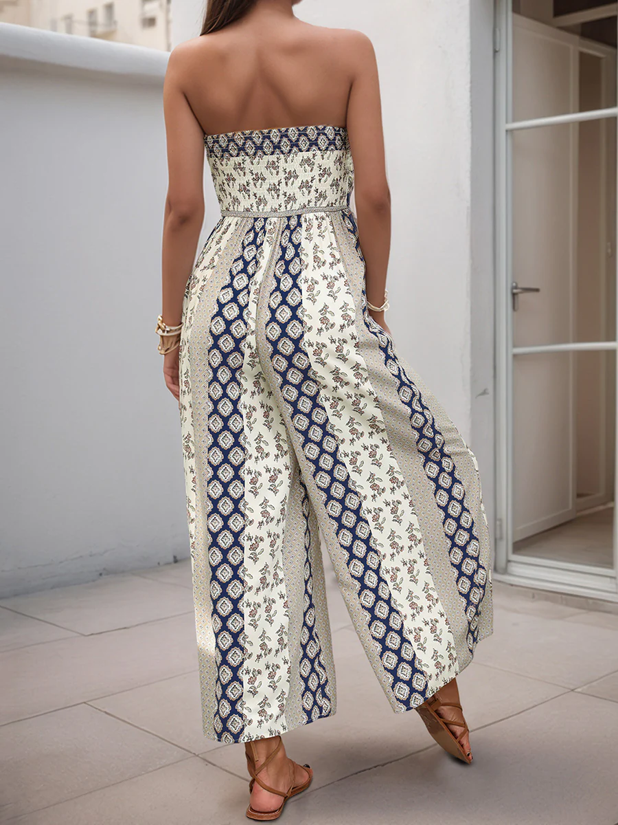 High Waisted Sleeveless Backless Contrast Color Pleated Printed Split-Joint Tied Twist Tube Jumpsuits - Image 10