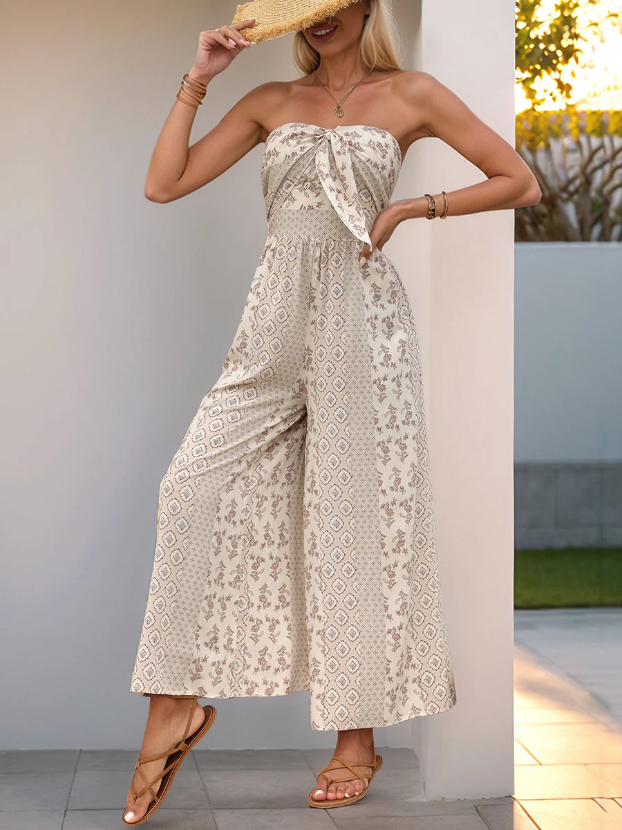 High Waisted Sleeveless Backless Contrast Color Pleated Printed Split-Joint Tied Twist Tube Jumpsuits - Image 11