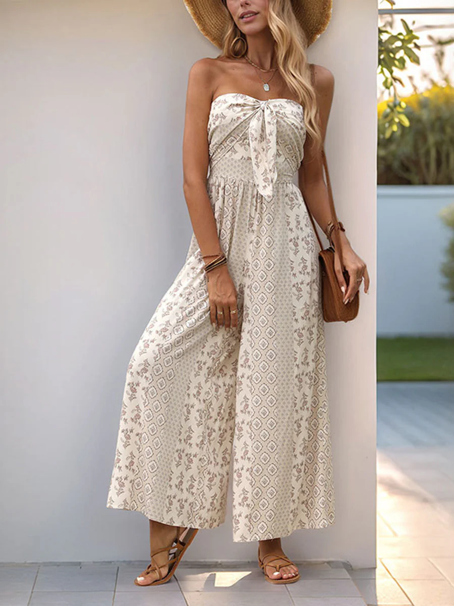 High Waisted Sleeveless Backless Contrast Color Pleated Printed Split-Joint Tied Twist Tube Jumpsuits - Image 12
