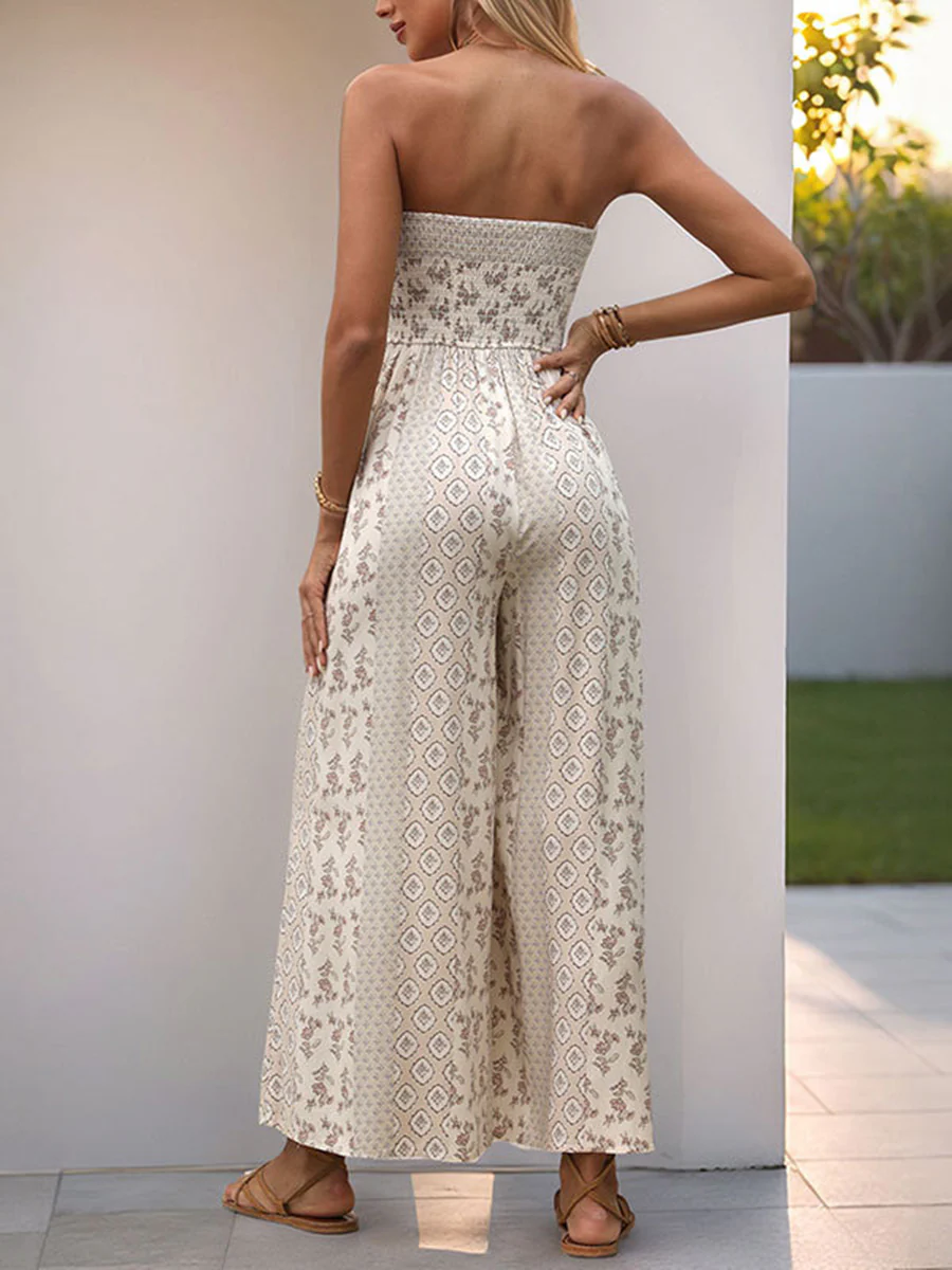 High Waisted Sleeveless Backless Contrast Color Pleated Printed Split-Joint Tied Twist Tube Jumpsuits - Image 13
