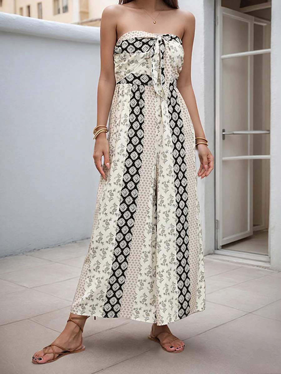 High Waisted Sleeveless Backless Contrast Color Pleated Printed Split-Joint Tied Twist Tube Jumpsuits - Image 3