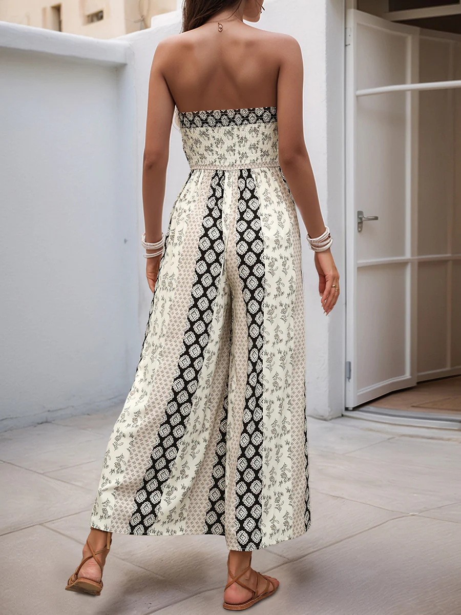 High Waisted Sleeveless Backless Contrast Color Pleated Printed Split-Joint Tied Twist Tube Jumpsuits - Image 4