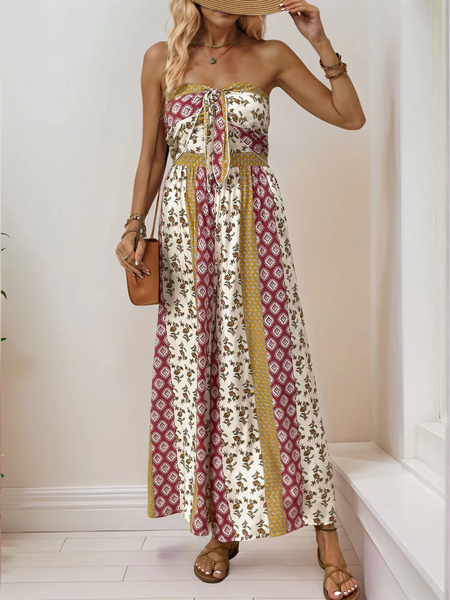High Waisted Sleeveless Backless Contrast Color Pleated Printed Split-Joint Tied Twist Tube Jumpsuits - Image 5