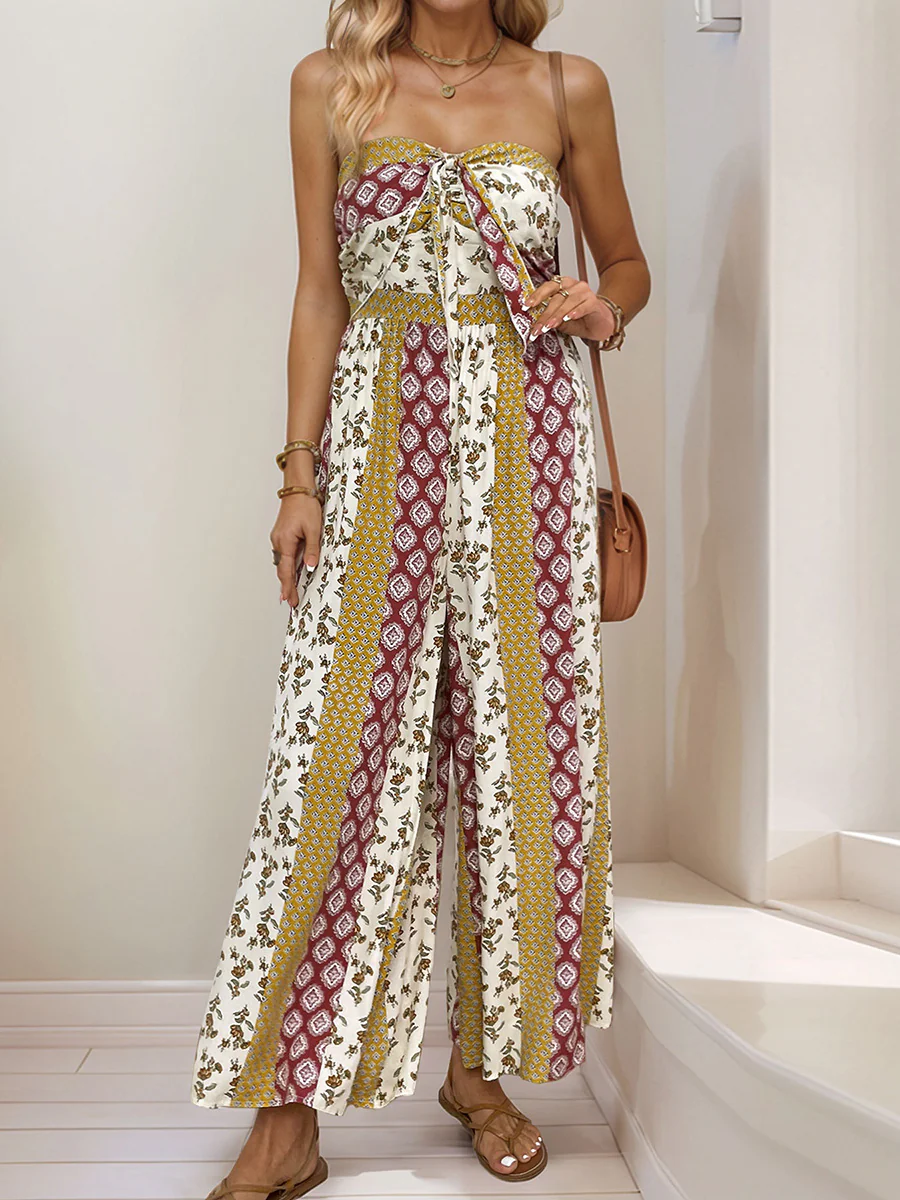High Waisted Sleeveless Backless Contrast Color Pleated Printed Split-Joint Tied Twist Tube Jumpsuits - Image 6