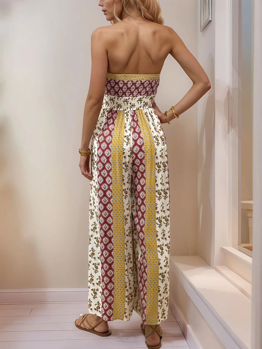 High Waisted Sleeveless Backless Contrast Color Pleated Printed Split-Joint Tied Twist Tube Jumpsuits - Image 7