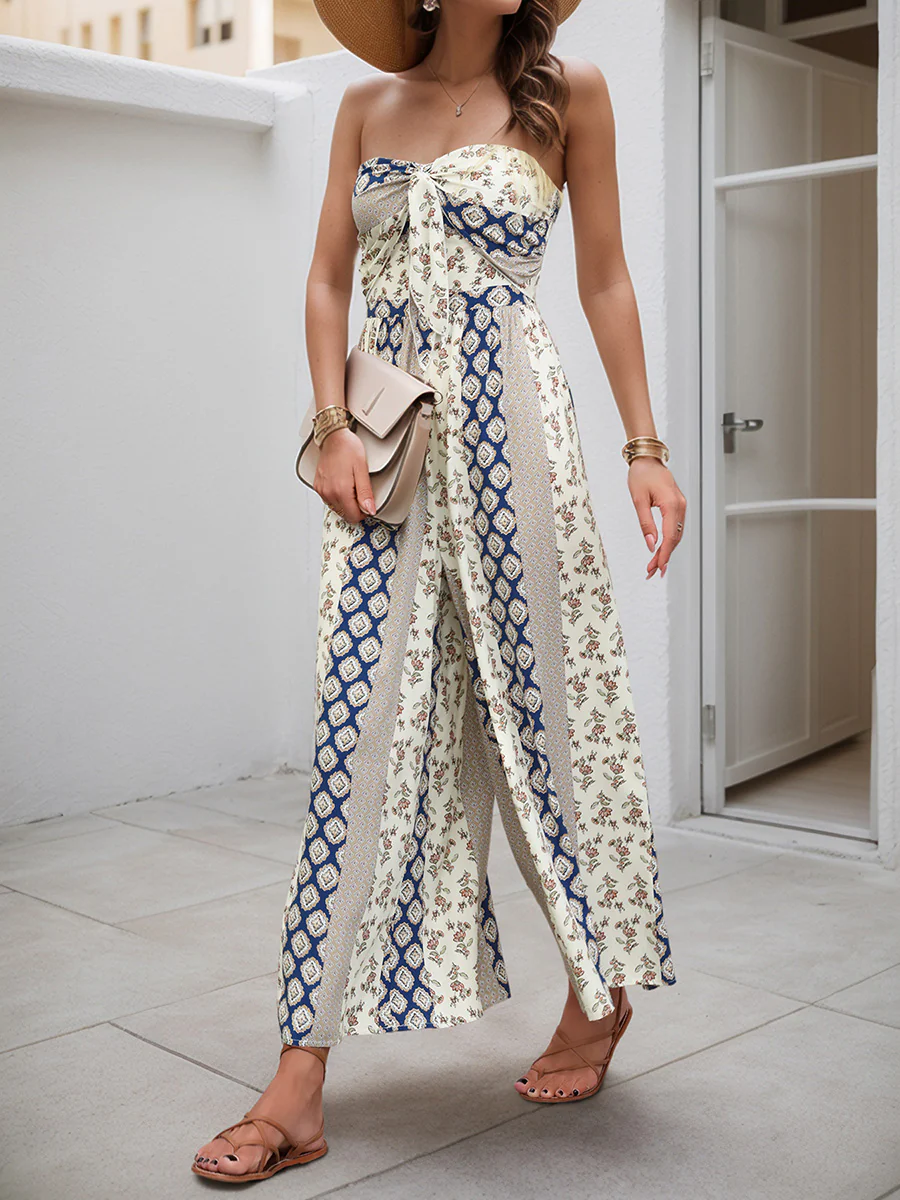 High Waisted Sleeveless Backless Contrast Color Pleated Printed Split-Joint Tied Twist Tube Jumpsuits - Image 9