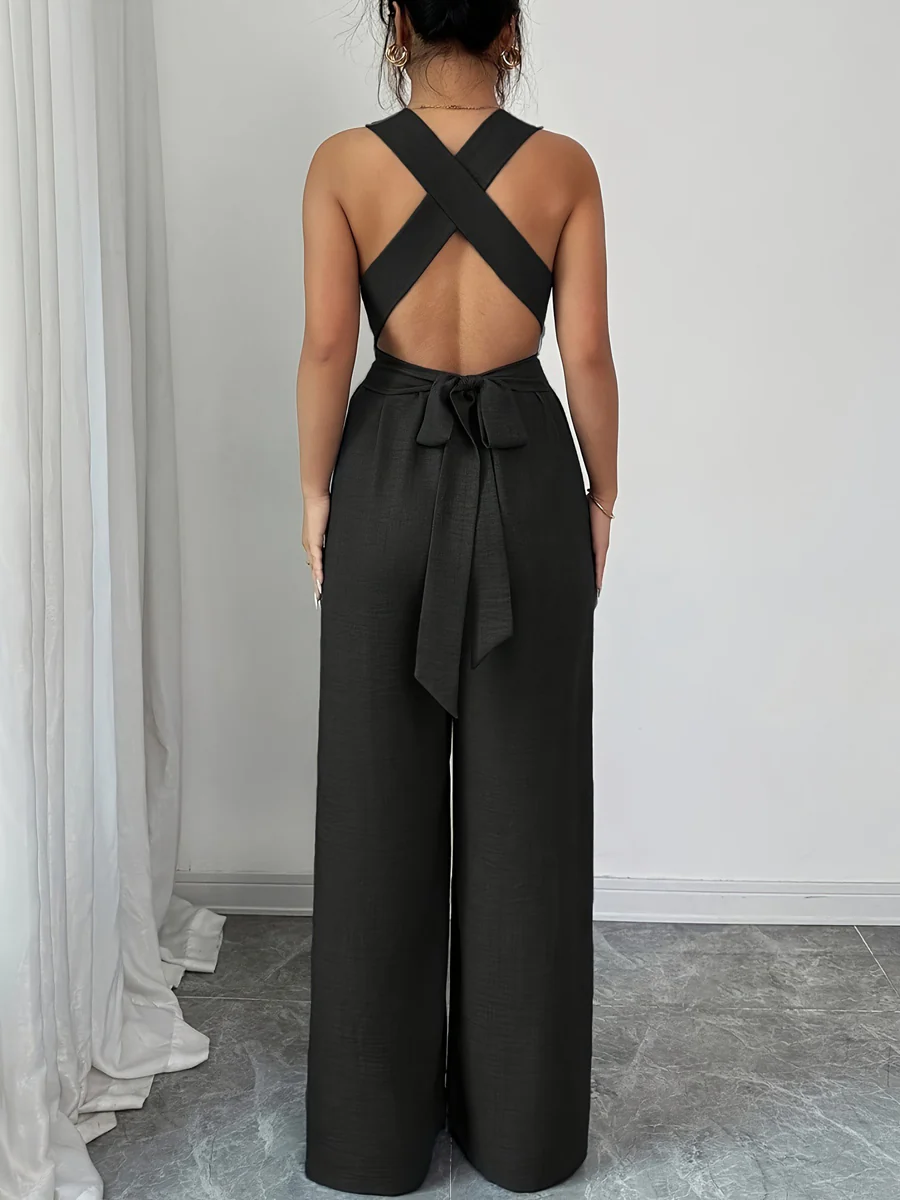 High Waisted Sleeveless Backless Solid Color Tied Spaghetti-Neck Jumpsuits - Image 10