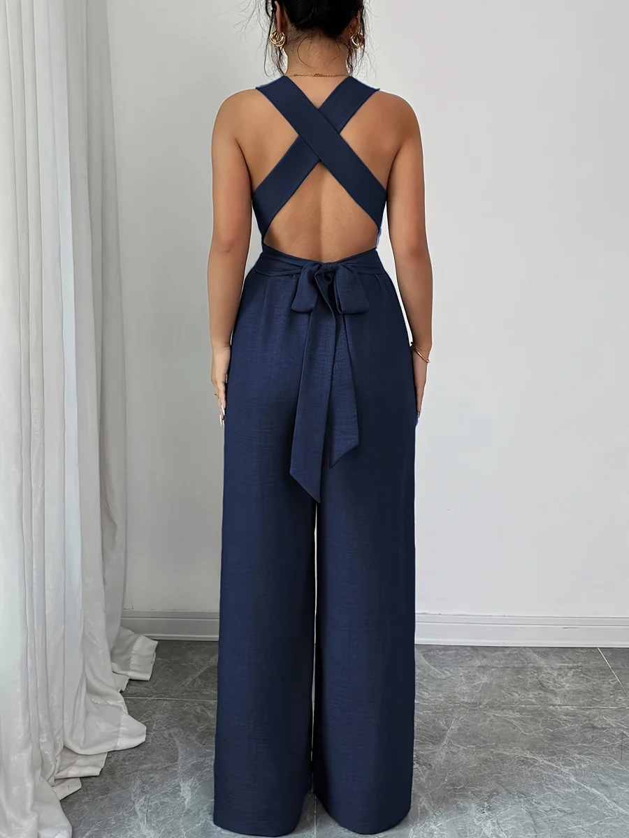 High Waisted Sleeveless Backless Solid Color Tied Spaghetti-Neck Jumpsuits - Image 11