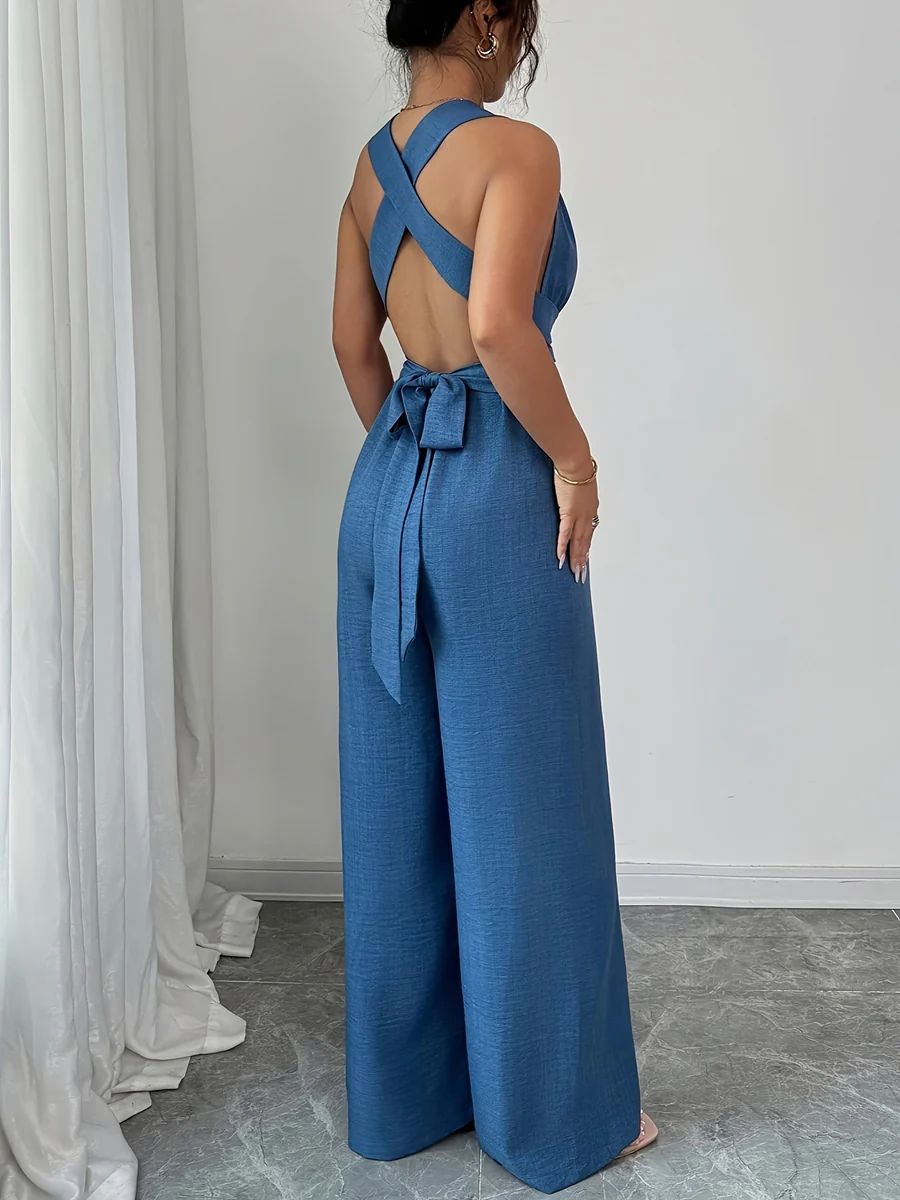 High Waisted Sleeveless Backless Solid Color Tied Spaghetti-Neck Jumpsuits - Image 12