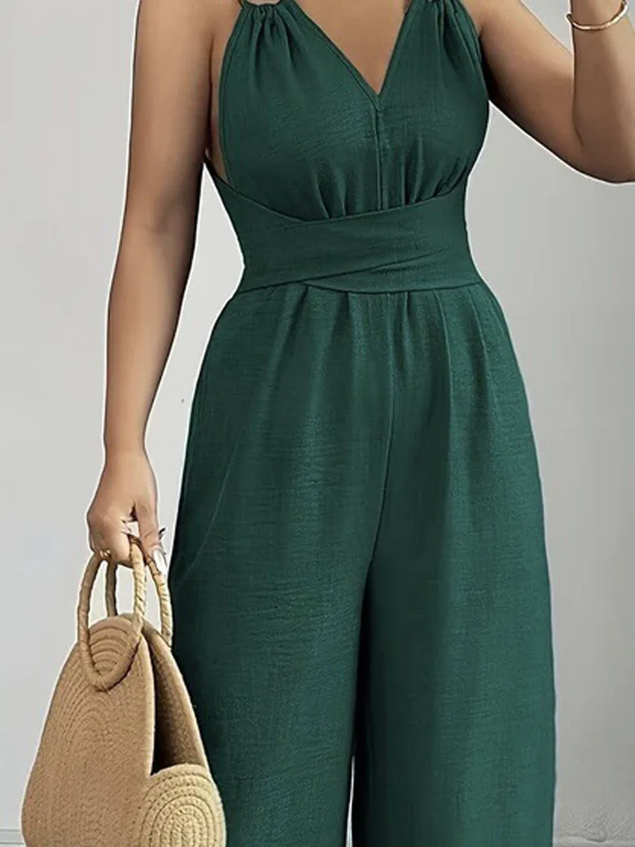 High Waisted Sleeveless Backless Solid Color Tied Spaghetti-Neck Jumpsuits - Image 13