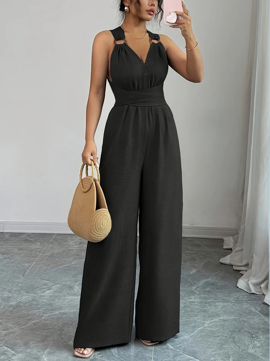 High Waisted Sleeveless Backless Solid Color Tied Spaghetti-Neck Jumpsuits - Image 2