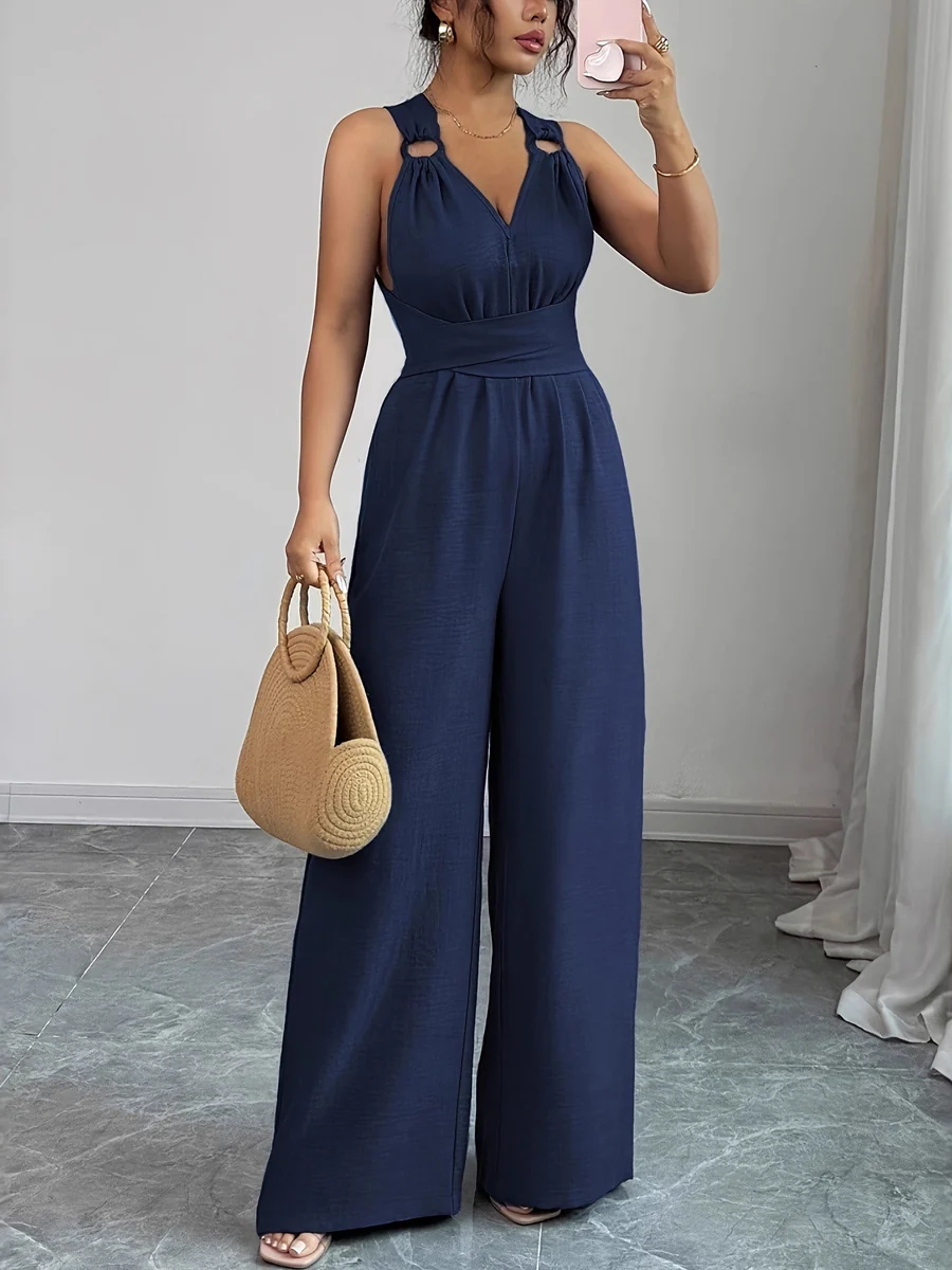 High Waisted Sleeveless Backless Solid Color Tied Spaghetti-Neck Jumpsuits - Image 3