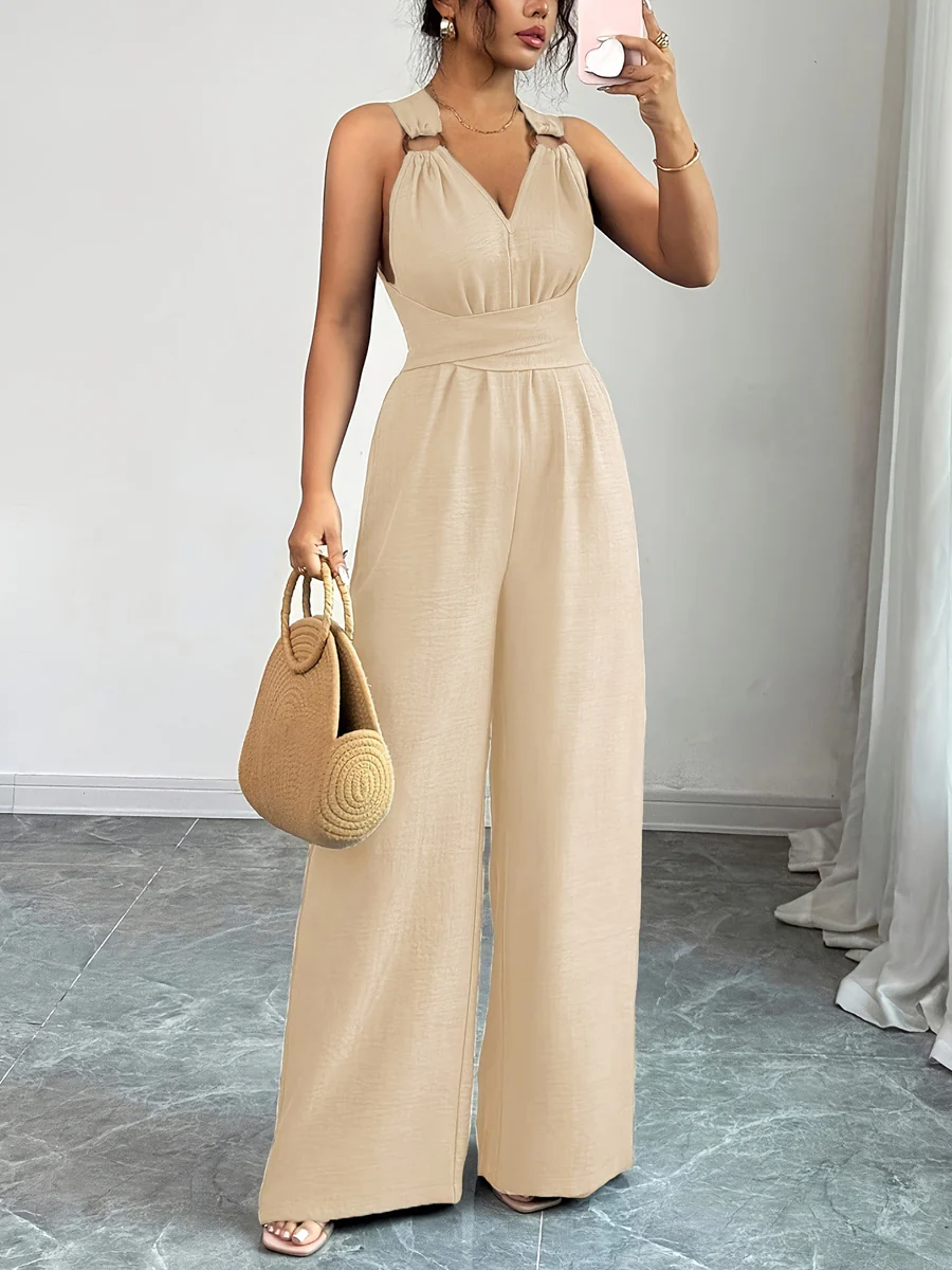 High Waisted Sleeveless Backless Solid Color Tied Spaghetti-Neck Jumpsuits - Image 4