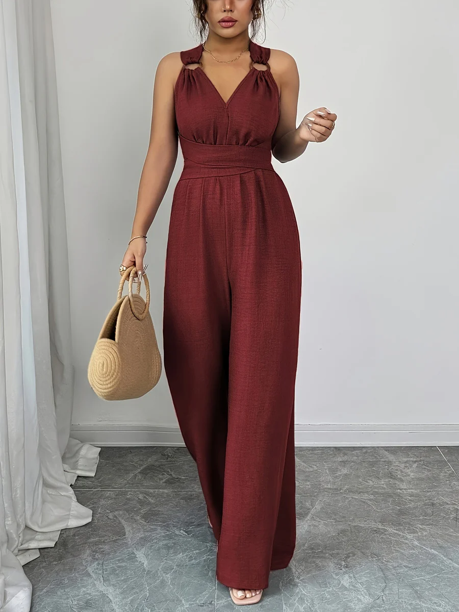 High Waisted Sleeveless Backless Solid Color Tied Spaghetti-Neck Jumpsuits - Image 5