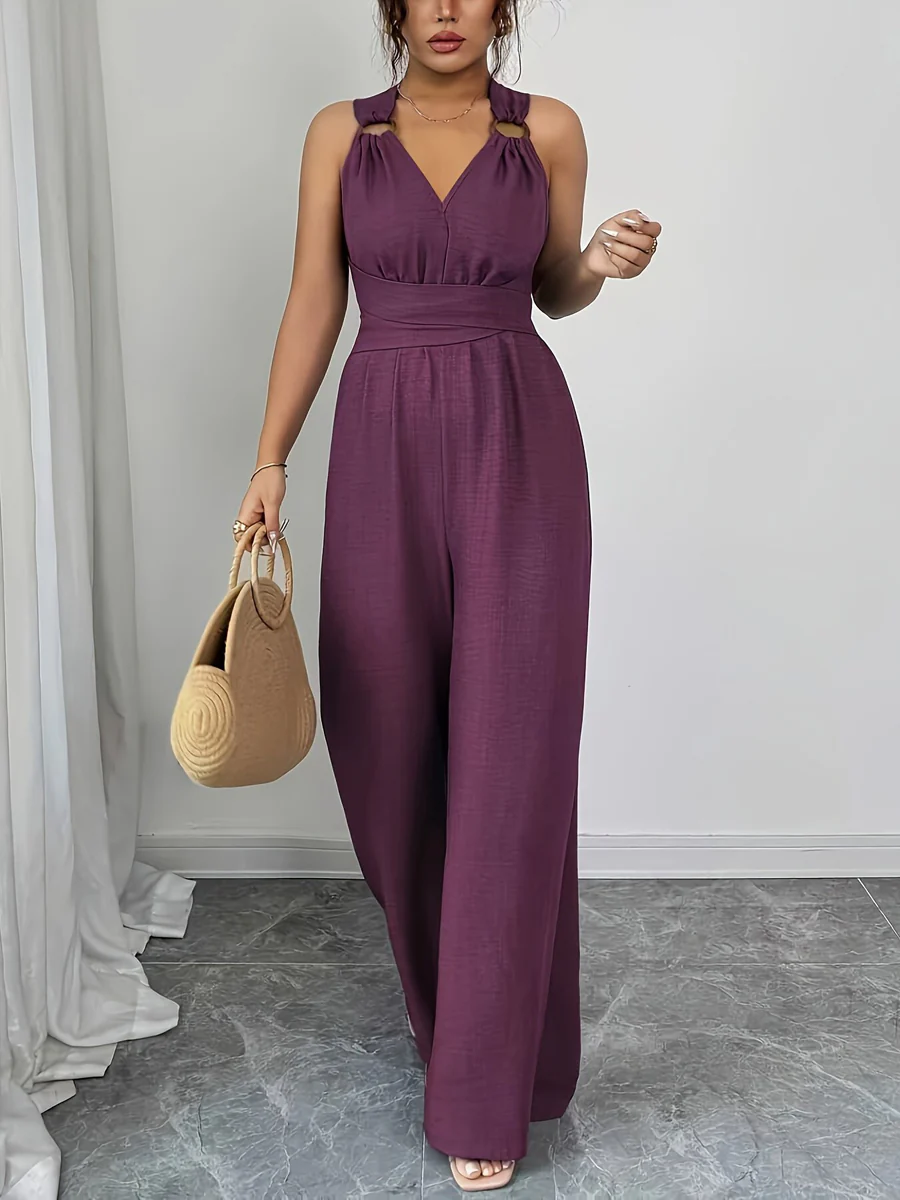 High Waisted Sleeveless Backless Solid Color Tied Spaghetti-Neck Jumpsuits - Image 6