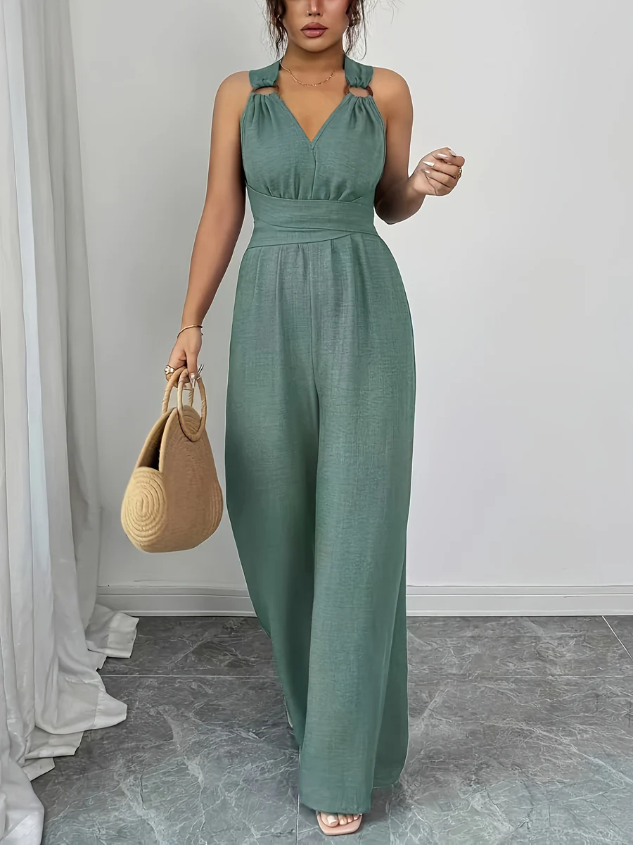 High Waisted Sleeveless Backless Solid Color Tied Spaghetti-Neck Jumpsuits - Image 7