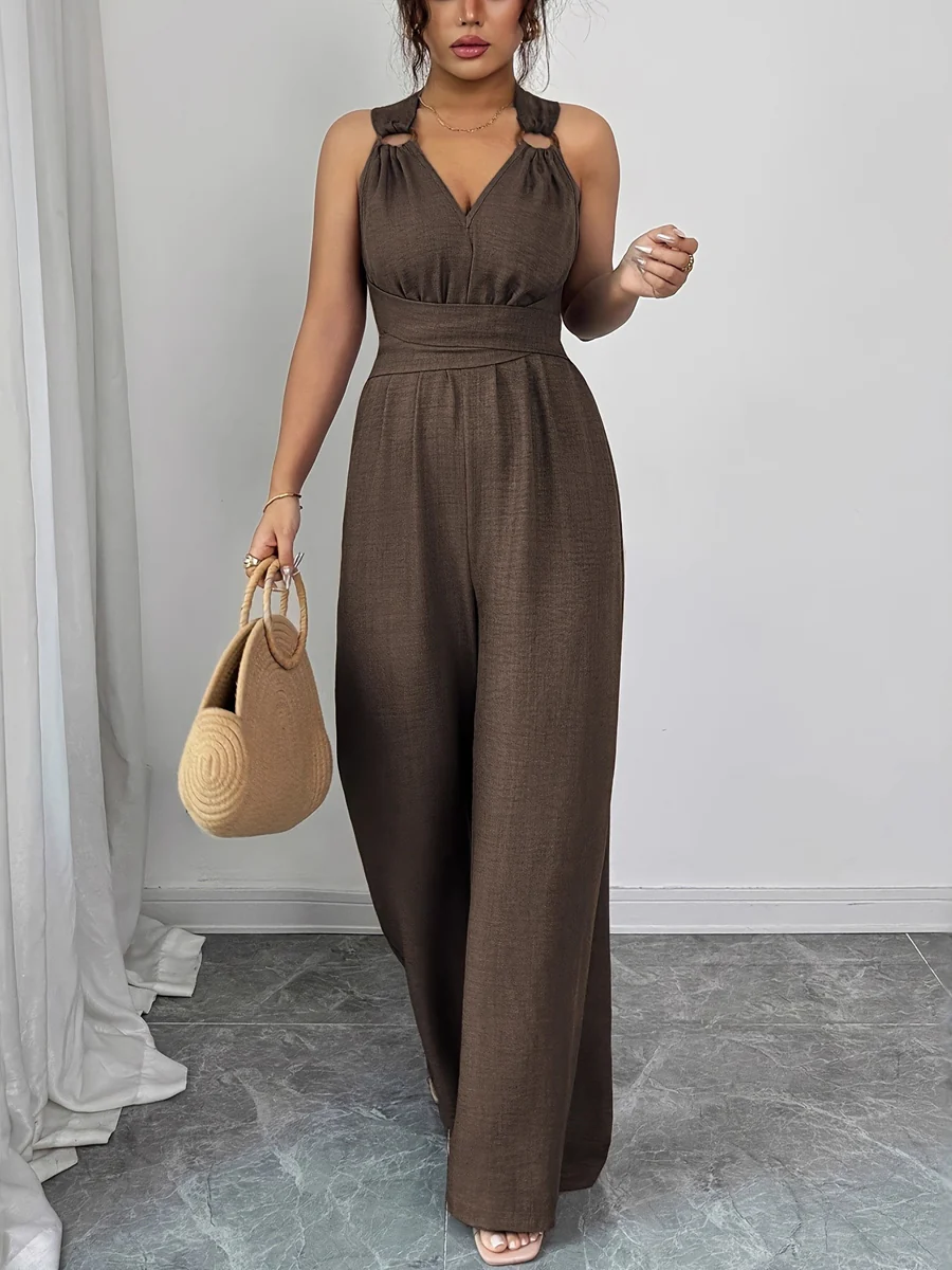High Waisted Sleeveless Backless Solid Color Tied Spaghetti-Neck Jumpsuits - Image 8