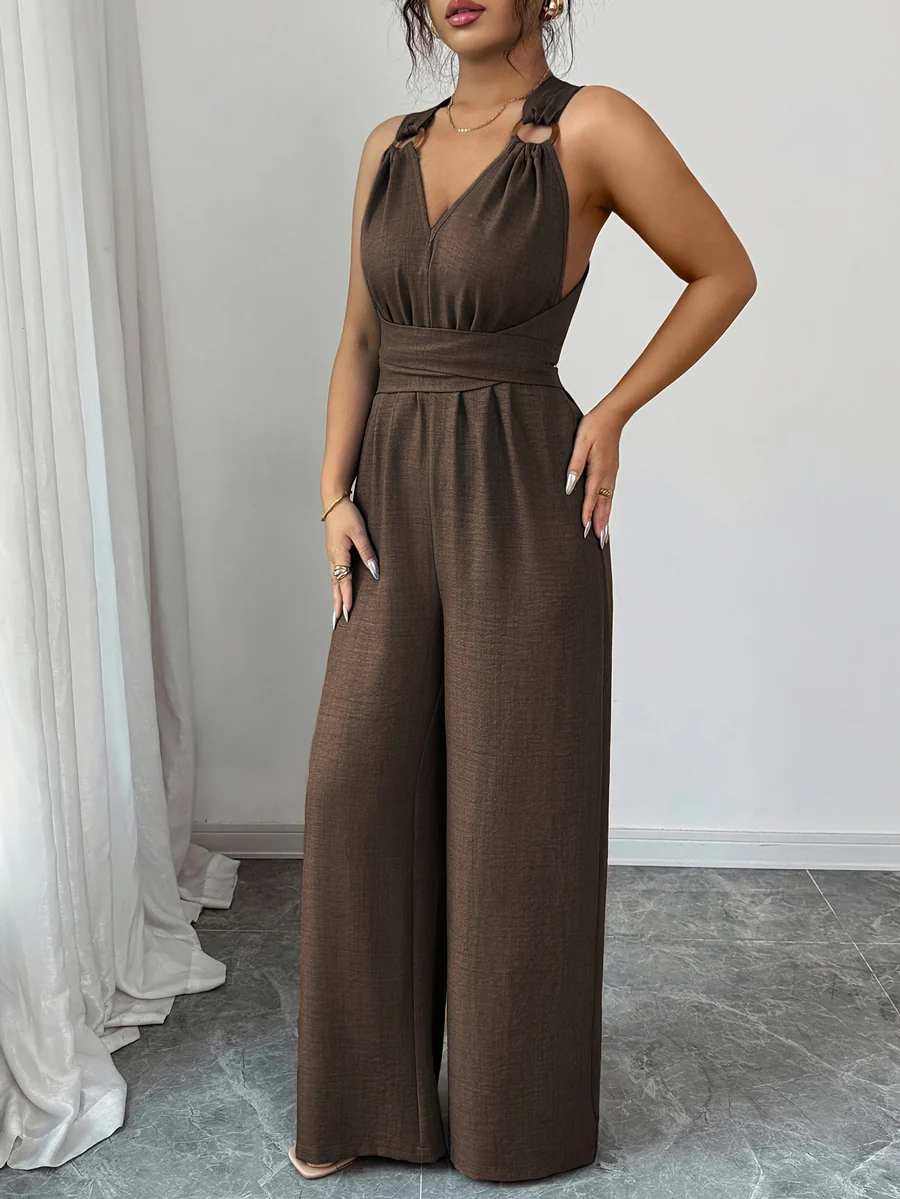 High Waisted Sleeveless Backless Solid Color Tied Spaghetti-Neck Jumpsuits - Image 9
