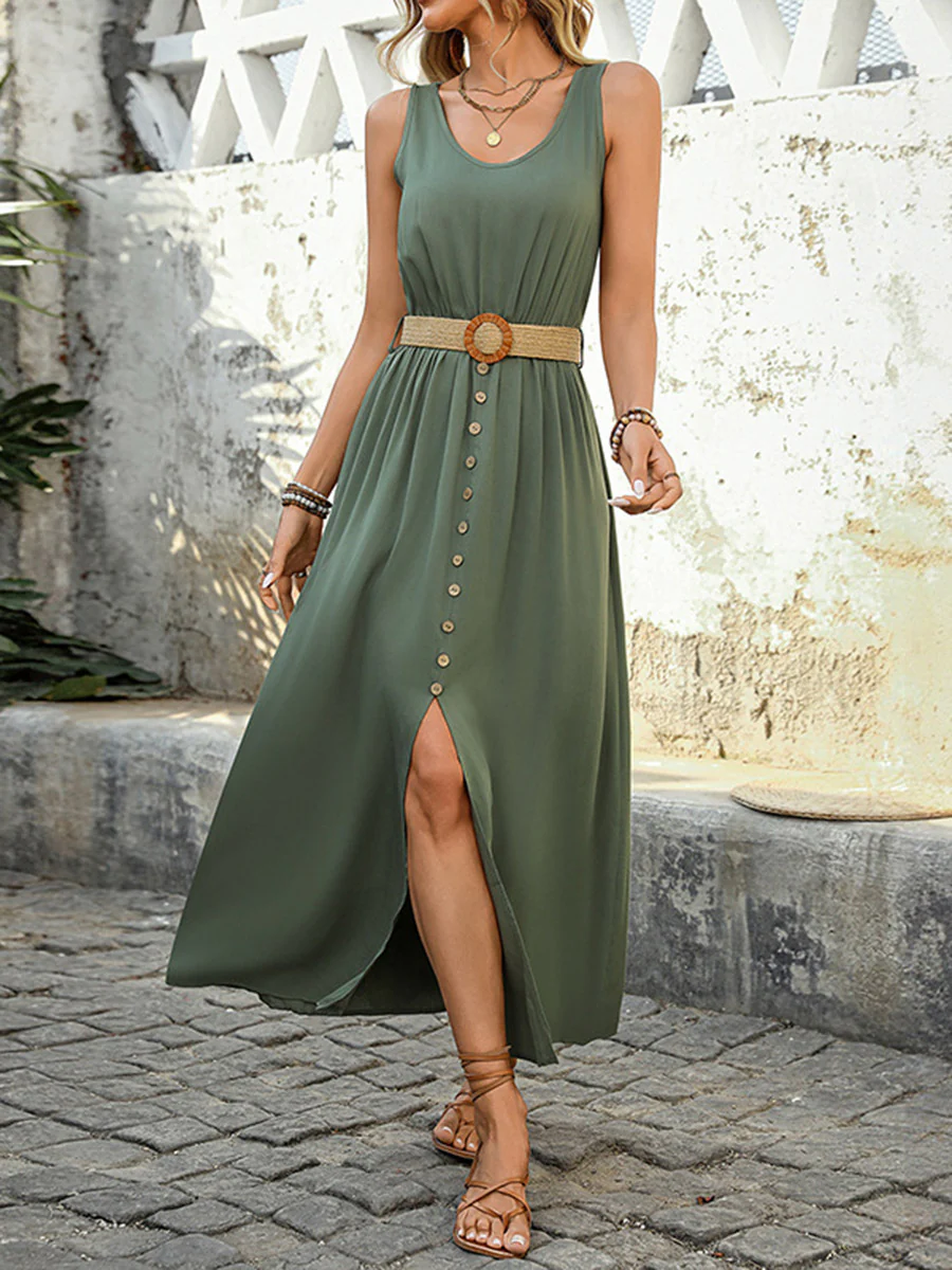 High Waisted Sleeveless Belt Buckle Buttoned Pleated Solid Color V-Neck Maxi Dresses - Image 8